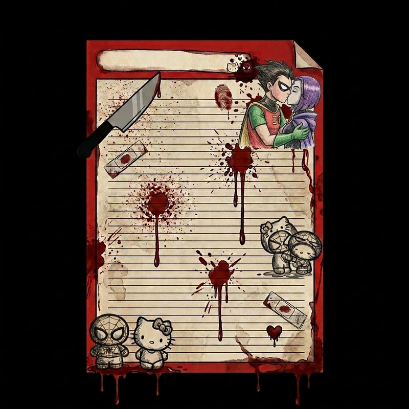 Cambia a piderman y a hello kitty de arriba a la derecha por robin y raven de la primera foto. Quitale un poco de sangre pero no mucha y no modifiques las demas partes de la imagen, solo lo que esta arriba a la derecha. Pero dibuja a raven y robin con el estilo del spiderman y la hello kitty de abajo a la izquierda pero besandose