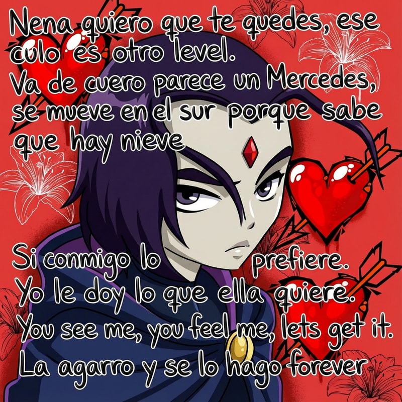 ahora haz que la siguiente imagen tenga este texto escrito como si fuera dibujo:

Nena quiero que te quedes, ese culo es otro level. Va de cuero parece un Mercedes, se mueve en el sur porque sabe que hay nieve
Si conmigo lo prefiere. Yo le doy lo que ella quiere. You see me, you feel me, lets get it. La agarro y se lo hago forever