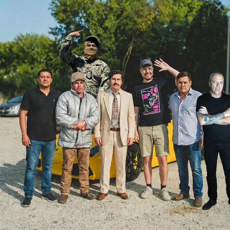 haz que las personas de las otras fotos, esten en la foto del lambo amarillo. La persona qde la foto que tiene ropa de militar, tiene que estar sentada. Haz que la foto de la persona final no tape a ninguno