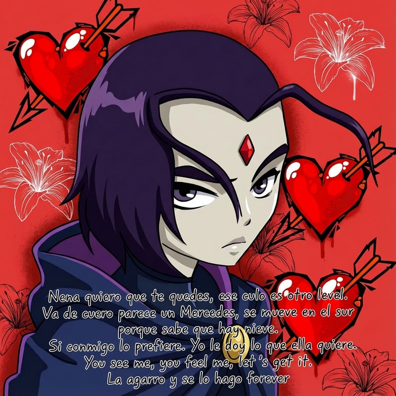 ahora haz que la siguiente imagen tenga este texto escrito como si fuera hecho a mano pero con un formato de dibujo pero debajo de la imagen y que no sea tan grande.

Nena quiero que te quedes, ese culo es otro level. Va de cuero parece un Mercedes, se mueve en el sur porque sabe que hay nieve
Si conmigo lo prefiere. Yo le doy lo que ella quiere. You see me, you feel me, lets get it. La agarro y se lo hago forever