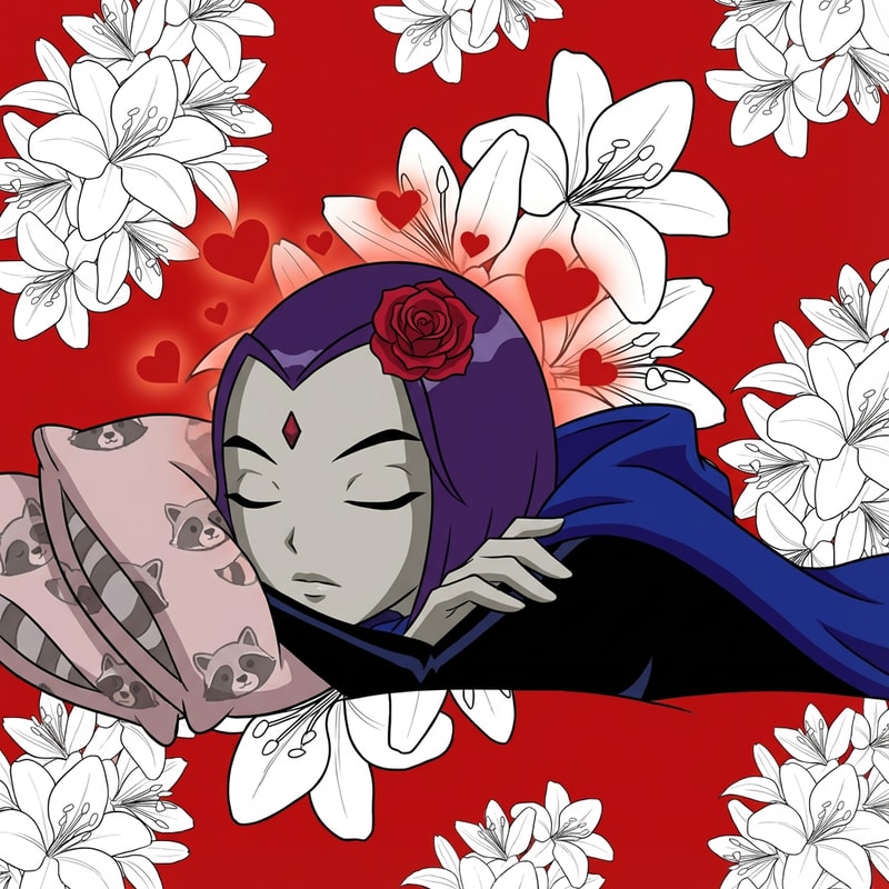 haze que el fondo de la imagen sea rojo y de fondo y tenga lirios por toda la imagen, los lirios tienen que ser blancos y ademas de eso, quiero que raven tenga unos corazones saliendo de su cabeza y tenga una rosa en su frente. Haz que la flor de la frente este en su pelo y sea de color jrojo cereza. Haz que raven este acostada en almohadas de mapache