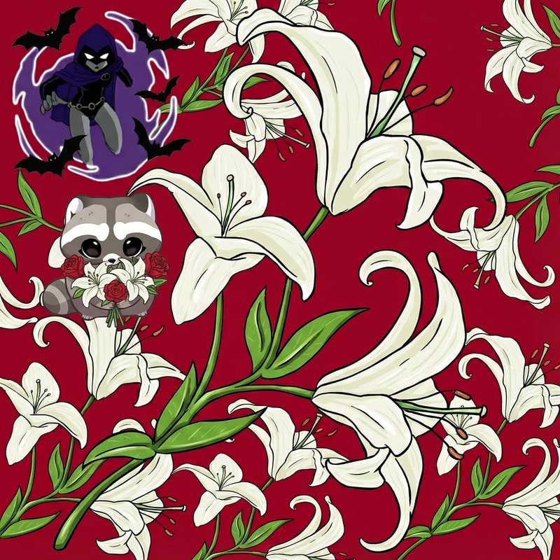 ahora haz que al rededor de raven, arriba a la izquierda esten saliendo murcielagos, no muchos pero que si haya. Luego quiero que debajo de raven este la imagen 2, el mapache agarrando un ramo de lirios y rosas.