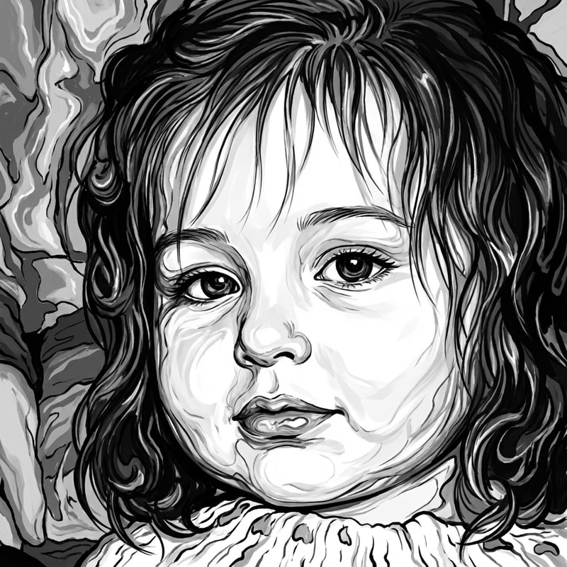 Dibujame la chica de la foto en formato estilo dibujo ordenador blanco y negro, estilo magma