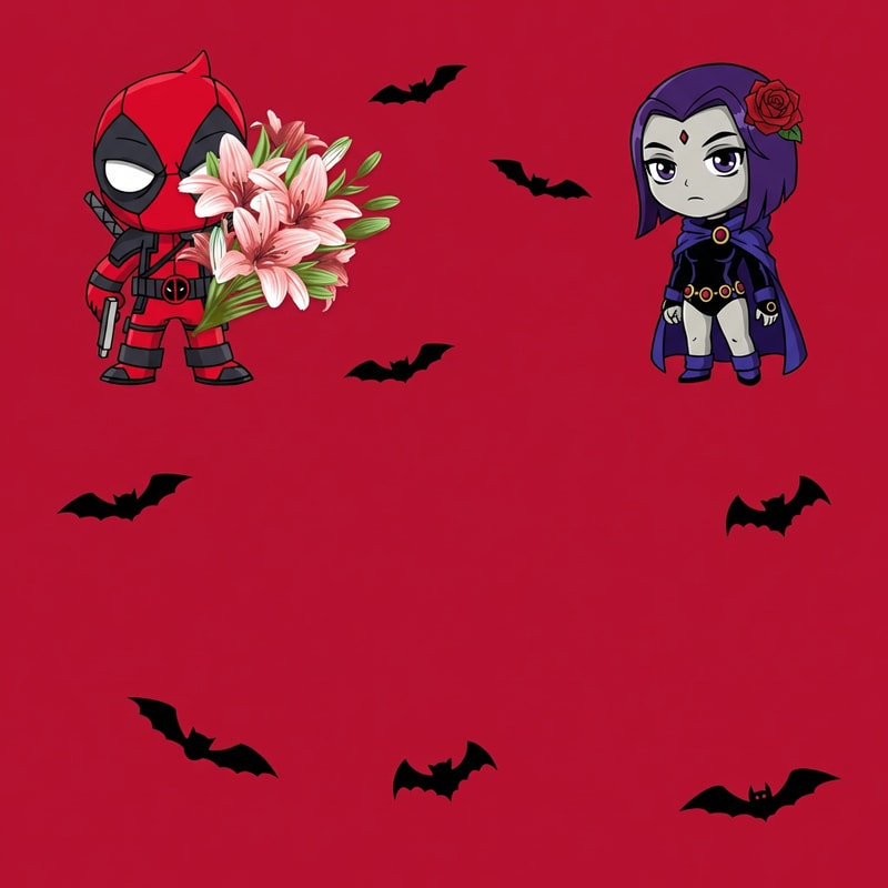 haz que el fondo de la imagen sea un rojo cereza. Quiero que arriba a la izquierdaeste la imagen 2, deadpool, agarrando el ramo de lirios de la imagen 3. Arriba a la derecha quiero a raven y que en su pelo tenga una rosa. En el fondo de la imagen tienen que estar los murcielagos de la imagen 4. Haz que deadpool sea mas pequeño, los murcielagos tambien y raven tambien.