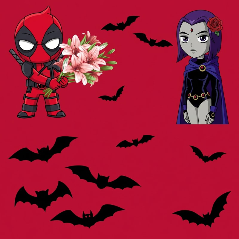 haz que el fondo de la imagen sea un rojo cereza. Quiero que arriba a la izquierdaeste la imagen 2, deadpool, agarrando el ramo de lirios de la imagen 3. Arriba a la derecha quiero a raven y que en su pelo tenga una rosa. En el fondo de la imagen tienen que estar los murcielagos de la imagen 4