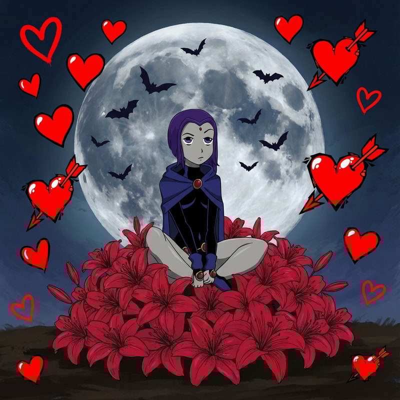 haz que raven este sentada en un monto de ramos de lirios, el fondo de la imagen tiene que ser un paisaje de una luna con murcielagos y tiene que haber los corazones de la imagen 2 por todos los lados. Que los lirios esten pintados con un rojo cereza, los corazones tienen que ser diferentes y la luna tiene que estar ppintada