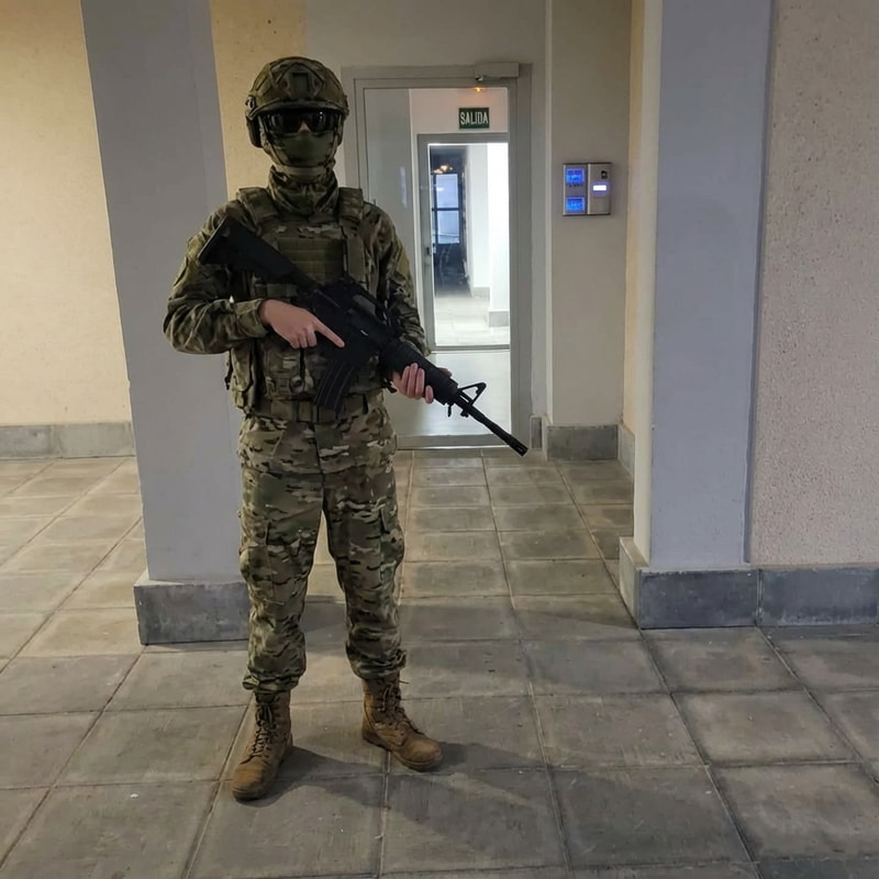 haz que el chico de la foto tenga vestimenta militar y este agarrando una M4. Pero que este tapada la cara con una mascara de militar