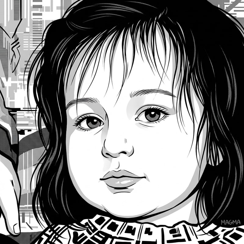 Dibujame la chica de la foto en formato estilo dibujo ordenador blanco y negro, estilo magma la pagina web