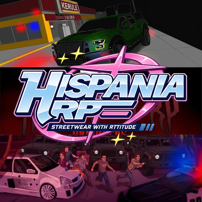 Quiero que agarres la primera imagen, la que dice hispania rp con colores, y le pongas de fondo las otras imagemes, pero que esten por separadas tipo divididas. El fono tienen que ser las demas imagenes pero no puedne tener texto, el unico texto que quiero es el de la primera imagen, y para su fondo las demas imagenes divididas