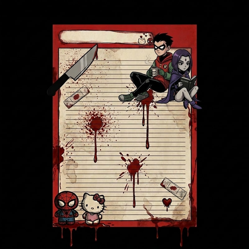 Cambia a piderman y a hello kitty de arriba a la derecha por robin y raven de la primera foto. Quitale un poco de sangre pero no mucha y no modifiques las demas partes de la imagen, solo lo que esta arriba a la derecha