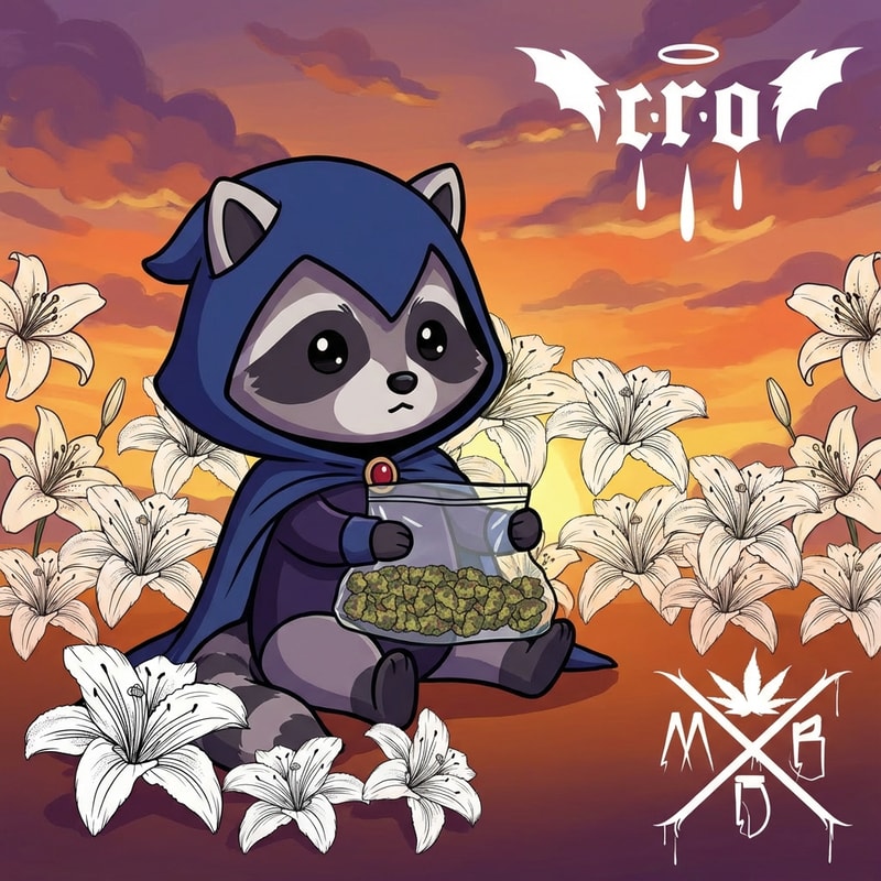 haz que la imagen 2, este abajo a la derecha, pero haz que solo este el texo y el dibujo, no el cuadro blanco. Luego quiero que haya lirios de la imagen 4 esparcidos por abajo a la izquierda, no muchos y en el medio este la imagen 3 y arriba a la derecha no muy grande la imagen 5. Ahora cambiame todo de lugar y que en vez de ser un mapache sea pochacco.  Haz que el fondo sea todo lirios y un atardecer dibujjado