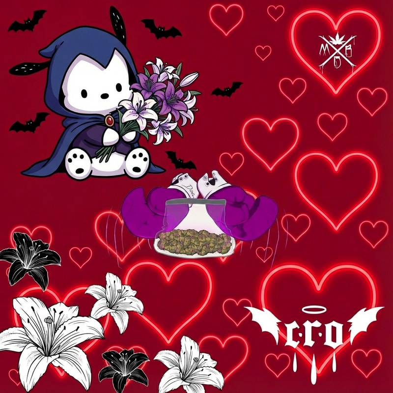 haz que la imagen 2, este abajo a la derecha, pero haz que solo este el texo y el dibujo, no el cuadro blanco. Luego quiero que haya lirios de la imagen 4 esparcidos por abajo a la izquierda, no muchos y en el medio este la imagen 3 y arriba a la derecha no muy grande la imagen 5. Ahora cambiame todo de lugar y que en vez de ser un mapache sea pochacco