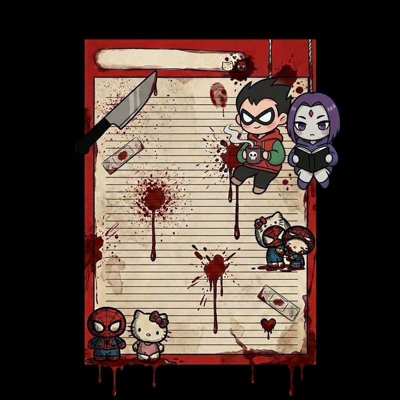 Cambia a los 2 personajes que estan arriba a la derecha, por robin y raven de la imagen 2, pero tiene que ponerlo con el estilo de los peronajes que estan abajo a la izquierda, que se vean kawais