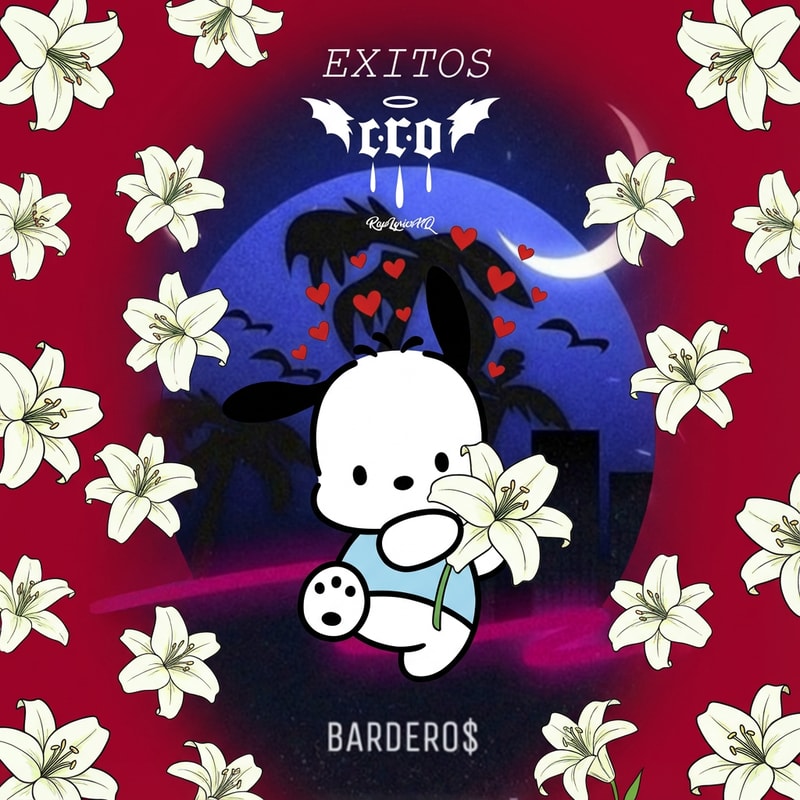 haz que el oso de la imagen este agarrando un lirio, el fondo sea rojo cereza, le esten saliendo corazones de la cabeza al oso y haya muchos lirios esparcidos por la imagen. haz que la imagen tenga de fondo la imagen 3, y tenga encima del oso la imagen 2