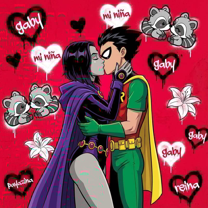 hazme que raven se este besando con robin, que raven este pintada, que el fondo de la imagen sea un rojo cereza y que tenga las demas imagenes esparcidas por todo el fondo. Los corazones tienen que ser grafitis y cada corazon tiene que decir o gaby, mi niña, payazina o reina.