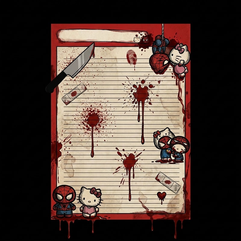 pon el cuchillo que eta en la imagen 2, arriba a la izquierda, tapando los corazones de spiderman y hello kitty. El cuchillo tiene que tener un estilo a dexter. Tipo, remplaza lo 2 corazones por el cuchillo y que tenga menos sangre y que ea un poco meno realita