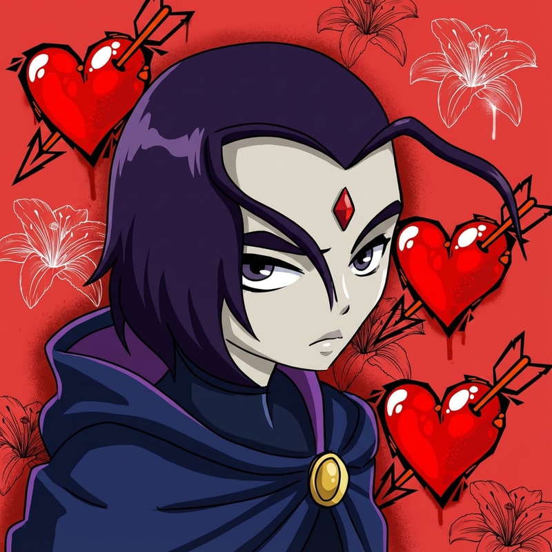 haz que la raven del dibujo, este pintada y ademas haz que este en un fondo rojo con muchos corazones de la imagen dos dibujados como grafitis. Ademas de eso, quiero que me pongas de la imagen 3, muchos lirios esparcidos por toda la imagen pero sin tapar los demas dibujos