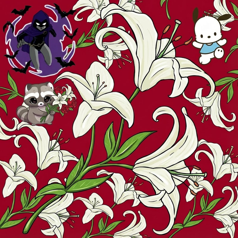 ahora haz que al rededor de raven, arriba a la izquierda esten saliendo murcielagos, no muchos pero que si haya. Luego quiero que debajo de raven este la imagen 2, el mapache agarrando un ramo de lirios y rosas.  Pero que pocchaco de arriba a la derecha no se vaya. Haz el mapache mas pequeño