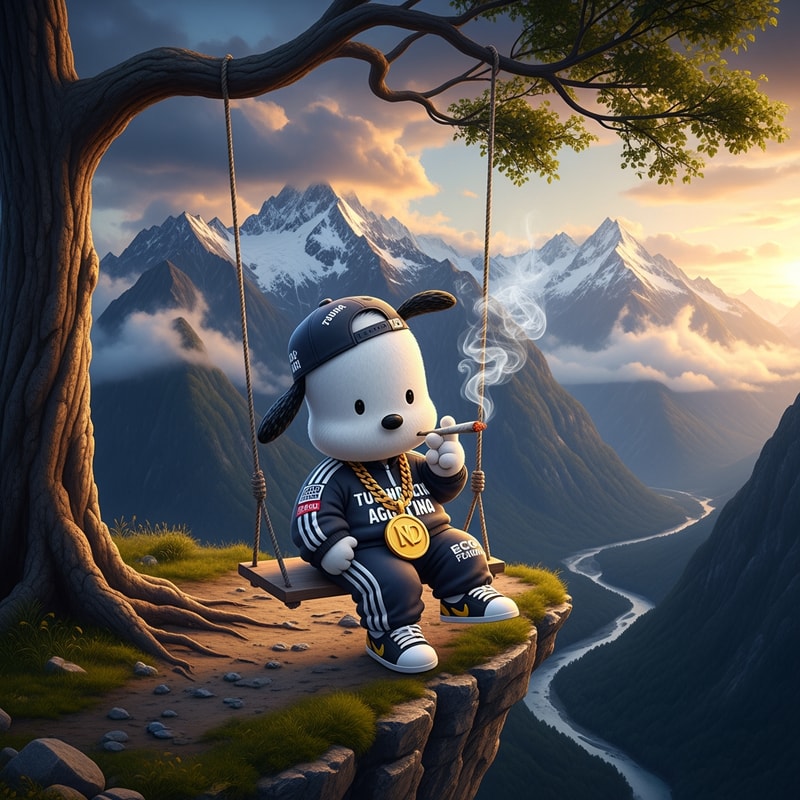 haz que el fondo de la imagen sea la imagen dos, y luego quiero que en el medio este la imagen tres pero que en vez del chico del coolumpio, este la imagen uno, pochacco. Pocchaco tiene que estar vestido con ropa turra de argentina y se tiene que estar fumando un porro