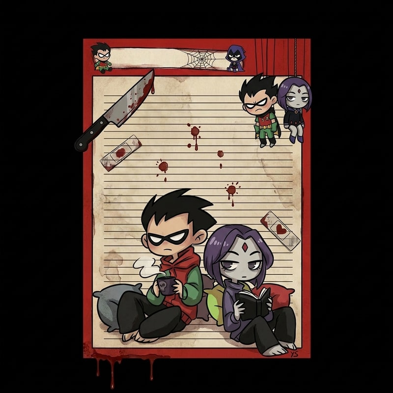 Cambia a piderman y a hello kitty por robin y raven de la primera foto. Quitale un poco de sangre pero no mucha