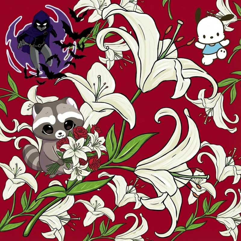 ahora haz que al rededor de raven, arriba a la izquierda esten saliendo murcielagos, no muchos pero que si haya. Luego quiero que debajo de raven este la imagen 2, el mapache agarrando un ramo de lirios y rosas.  Pero que pocchaco de arriba a la derecha no se vaya