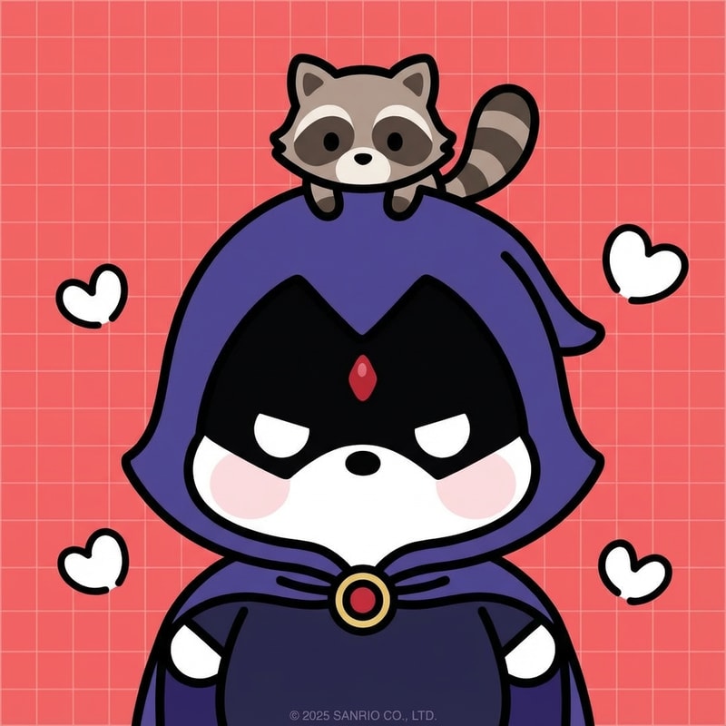 haz que este oso este vestido como raven y en vez de un pollo en su cabeza tenga un mapache