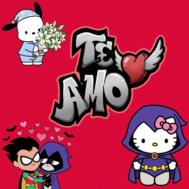 haz que el fondo de la imagen sea un rojo cereza, en el medio tiene que estar la imagen 1, la que dice teamo, no toques el grafiti solo ponlo en el medio de la imagen y si es necesario hazle cambbios leves para que sea mas estetico. Quiero que en una esquina este la imagen 2, la de pochacco, pero en vez de tener la mano en la cara, que este agarrando un ramo de lirios dibujados. En la esquina derecha abajo, quiero que este la imagen 3, el hello kitty, pero que este vestida como raven. Abajo a la izquierda quiero que esten las imagenes 3 y 4, que robin y raven kawai se esten abrazando o besando, y que le salgan murcielagos y corazones de la cabeza