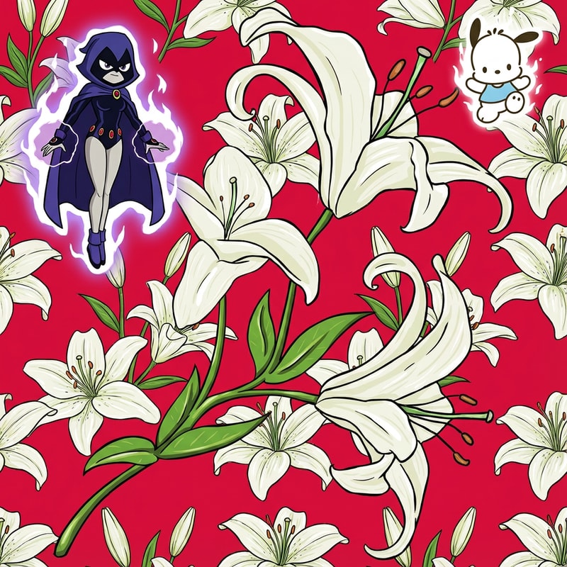 haz que el fondo de la imagen sea un rojo cereza, que la imagen 1, raven, este arriba a la izquierda, que pocchaco, la imagen 2, este arriba a la derecha pero que no sea muy grande y que el fondo de la imagen este la imagen 3, que este lleno de lirios