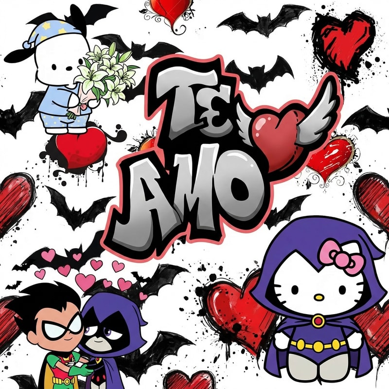 haz que el fondo de la imagen 1, sean los corazones y murecielagos. No hagas los corazones y murcielagos como muy ia, hazlo que se note que este dibbujado