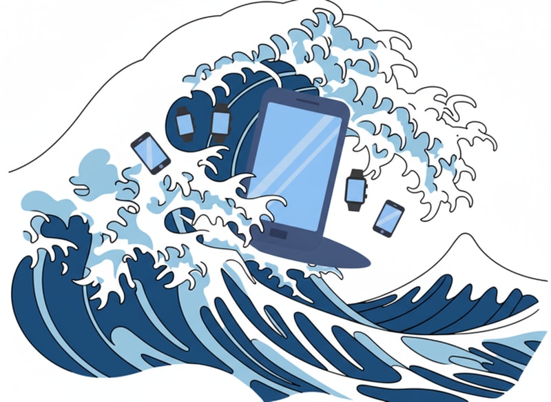 i want a logo where this mobile phone is flowing with the wave the mobile must be a littel short and i want mini mobiles on the sides an also smart watch