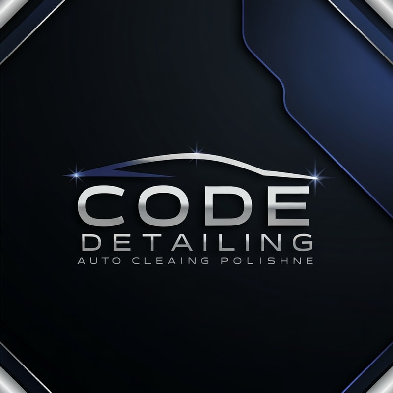 Create a modern tech-inspired logo for CODE DETAILING, an auto cleaning and polishing company. Combine clean typography with a simple abstract car outline or shining effect. Use dark background with metallic accents (silver, navy, or electric blue). The design should look precise, premium, and high-tech.