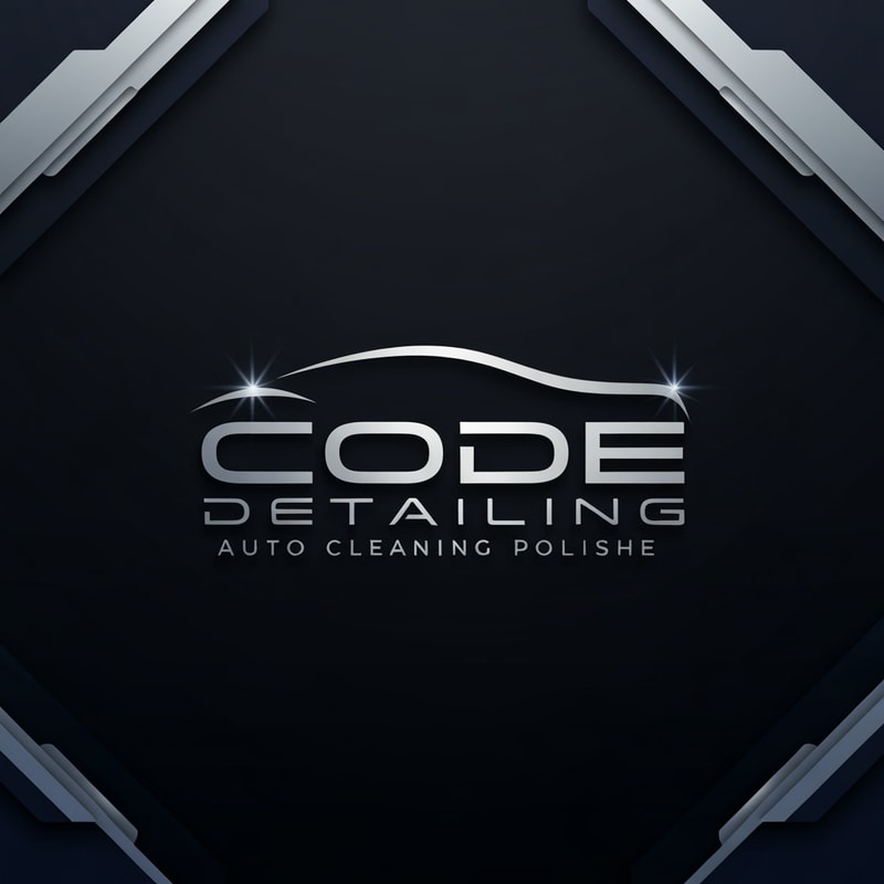 Create a modern tech-inspired logo for CODE DETAILING, an auto cleaning and polishing company. Combine clean typography with a simple abstract car outline or shining effect. Use dark background with metallic accents (silver, navy, or electric blue). The design should look precise, premium, and high-tech.