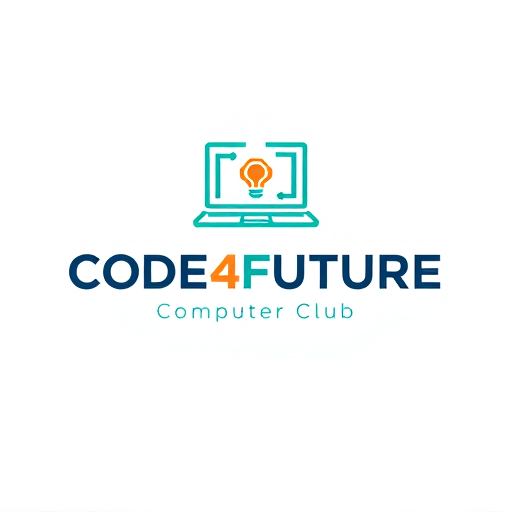 Professional logo design. Create a modern and inspiring logo for a high school computer club called “Code4Future.” The design should include a tech-related symbol such as a laptop, code brackets, or a light bulb to represent innovation and learning. Use clean, geometric shapes and a color palette inspired by technology (teal, orange, or blue tones). Include the text “CODE4FUTURE” in bold typography, and below it, a smaller line that says “Computer Club” or “Club Informatique.” The overall look should be professional, minimalistic, and futuristic, suitable for a Moroccan high school setting.