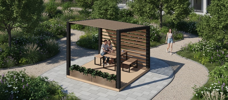 Add a setting to this pavilion, have it set in some greenery, add paths around it, people, etc. Keep in mind that these two smaller benches are the same as the larger table.