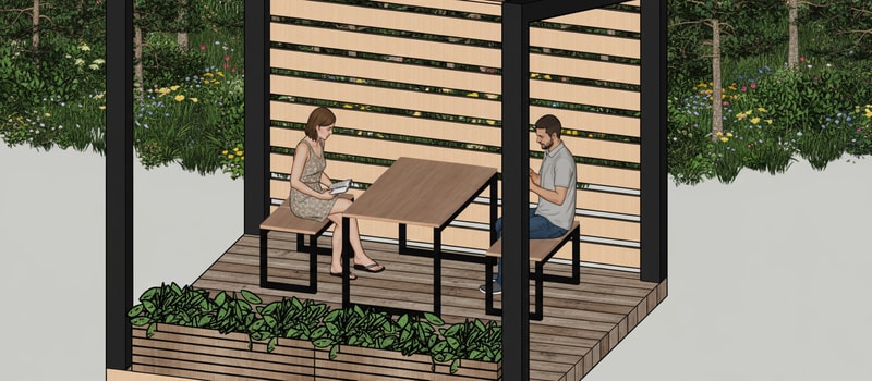 set up a pavilion in a natural environment and let people sit on these side benches since this is a bigger table in the middle