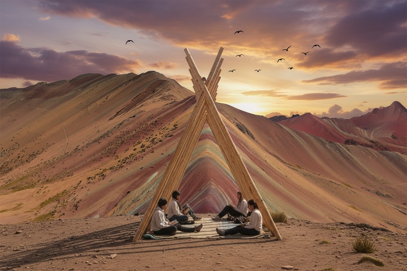 Can you merge these two images into a collage? Just one pavilion, add people relaxing in it, a sunset, birds, etc.