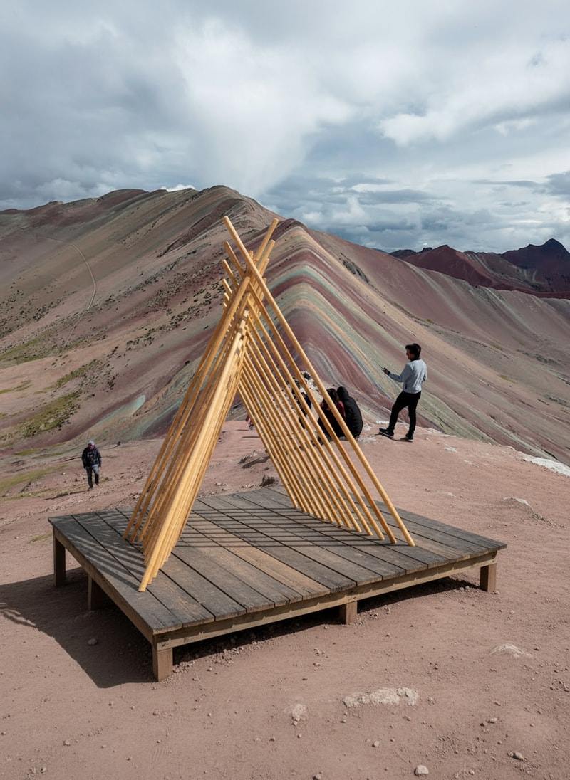 Can you fit the pavilion from the other picture into the first picture for me? let the pavilion be bigger than the people around and let it be on a wooden platform