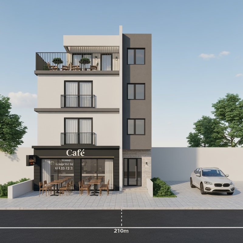 Can you design a building for me that has a café on the ground floor with a capacity of 10-12 seats, and an apartment for two on the first floor. The building should be located on a plot of 210m² with a maximum building factor of 2. Separate the entrance to the café and the apartment separately. And the cafe should be modern. Make it realistic and 3D