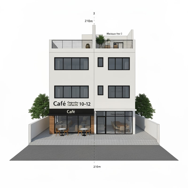 Can you design a building for me that has a café on the ground floor with a capacity of 10-12 seats, and an apartment for two on the first floor. The building should be located on a plot of 210m² with a maximum building factor of 2. Separate the entrance to the café and the apartment separately. And the cafe should be modern. Make it realistic and 3D