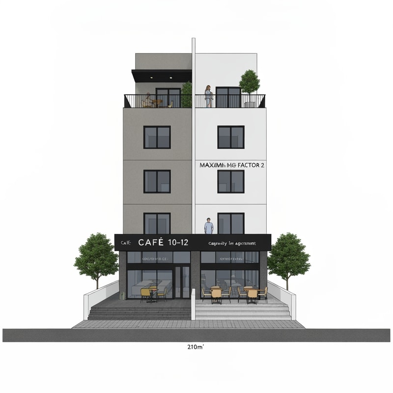 Can you design a building for me that has a café on the ground floor with a capacity of 10-12 seats, and an apartment for two on the first floor. The building should be located on a plot of 210m² with a maximum building factor of 2. Separate the entrance to the café and the apartment separately. And the cafe should be modern. Make it realistic and 3D