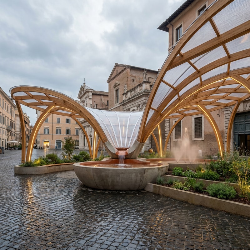 The task is to design a small, temporary public pavilion (Rain Room) in the area of ​​Rome, which explores the relationship between the city, water and users. The object should collect rainwater (minimum 5 m³ per rain) and use it for plants, a water feature or urban greenery.
The Rain Room is conceived as an open, accessible and interactive space, which creates a new experience of public space through the atmosphere of rain, sound, light and materiality. The location is free, and the structure must be reversible, prefabricated and environmentally sustainable.
The aim of the project is to show how small architecture can respond to climate challenges and enrich the contemporary city. give me another suggestion