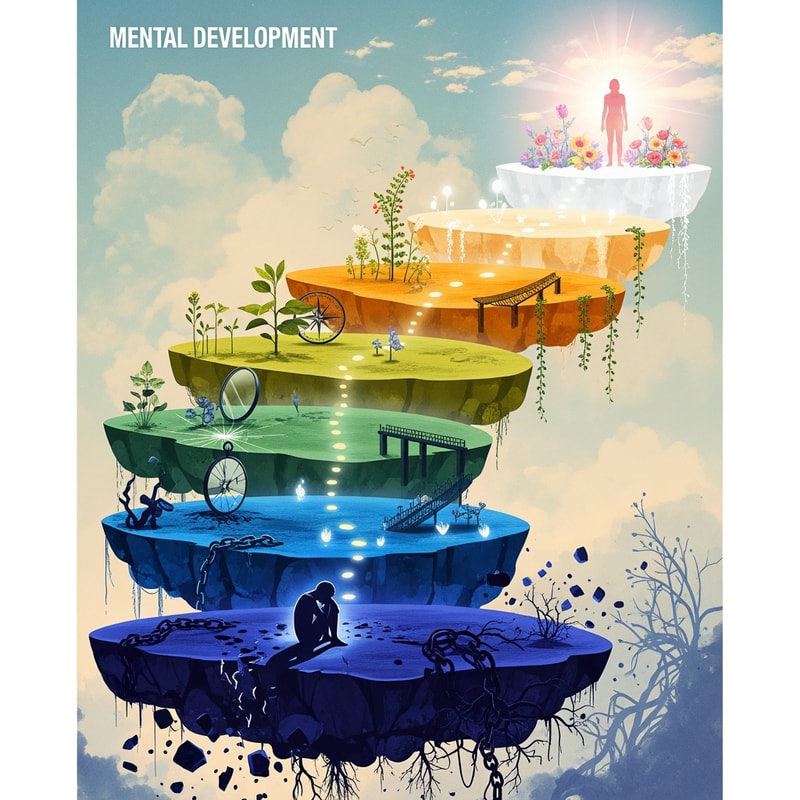 I want you to make me an illustration, it can be a collage, but the theme should be some kind of mental development. Show it visually as platforms. From the lowest one, which is the darkest, to the highest one, which is the brightest, and which represents a healed person.