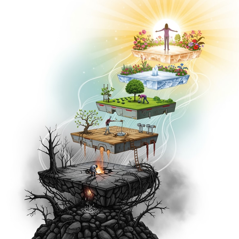 I want you to make me an illustration, it can be a collage, but the theme should be some kind of mental development. Show it visually as platforms. From the lowest one, which is the darkest, to the highest one, which is the brightest, and which represents a healed person.