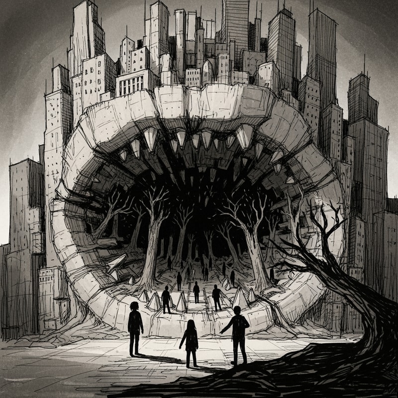 Dark architectural sketch inspired by Francisco Goya’s Saturn Devouring His Son.
A massive, abstract city form represented as a brutalist architectural structure, with heavy concrete volumes forming a mouth-like void.
Inside the dark core of the city, fragmented silhouettes of young people and broken trees are being swallowed by the architecture.
The atmosphere is oppressive and claustrophobic, with strong contrast between light and shadow.
No literal human monster, no blood, no gore — the city itself is the metaphor.
Hand-drawn sketch style, rough lines, monochrome or muted tones, conceptual architectural illustration.