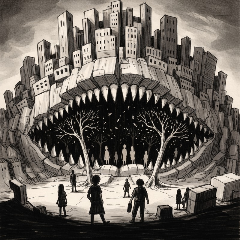 Dark architectural sketch inspired by Francisco Goya’s Saturn Devouring His Son.
A massive, abstract city form represented as a brutalist architectural structure, with heavy concrete volumes forming a mouth-like void.
Inside the dark core of the city, fragmented silhouettes of young people and broken trees are being swallowed by the architecture.
The atmosphere is oppressive and claustrophobic, with strong contrast between light and shadow.
No literal human monster, no blood, no gore — the city itself is the metaphor.
Hand-drawn sketch style, rough lines, monochrome or muted tones, conceptual architectural illustration.