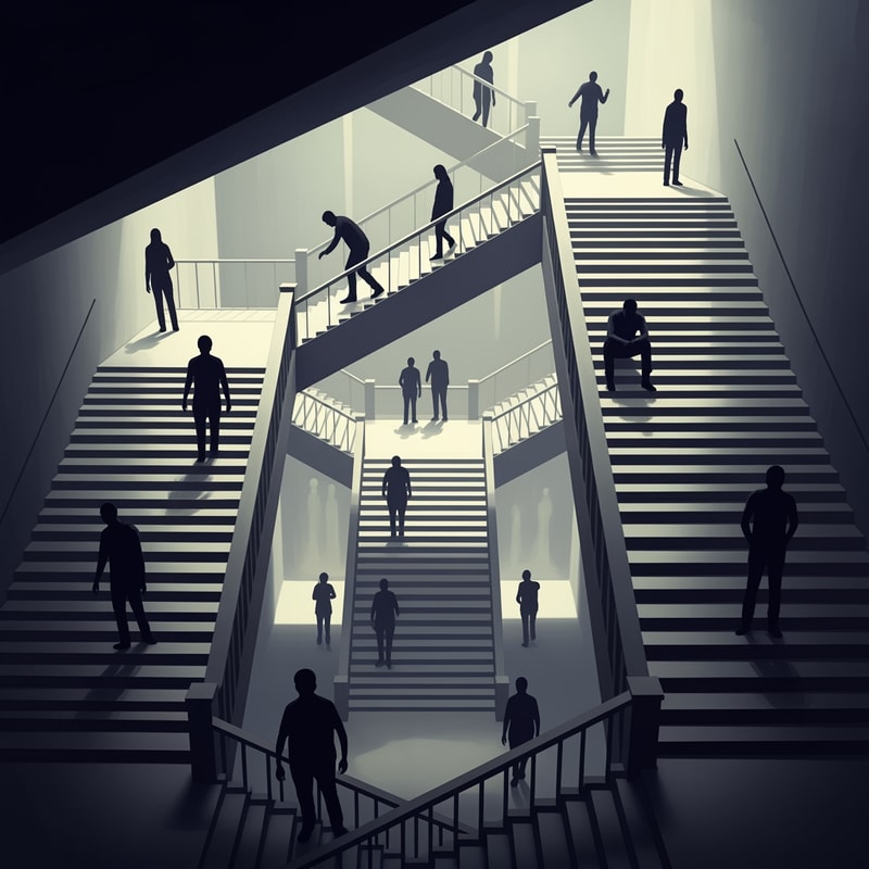 I need an illustration of stairs as a narrative. Not a public space, not an urban element, but an architectural language in itself. Stairs as a story about the movement of the body through space, time and effort. The entrance is not slow, flat, gradual acceleration, a point of fatigue, a pause and an end. Silhouettes of people. Some sit, some stand, hesitate to move. The context is unclear, abstract. The main collage is a perspective from the middle of the stairs, people unevenly distributed, light as a rhythm