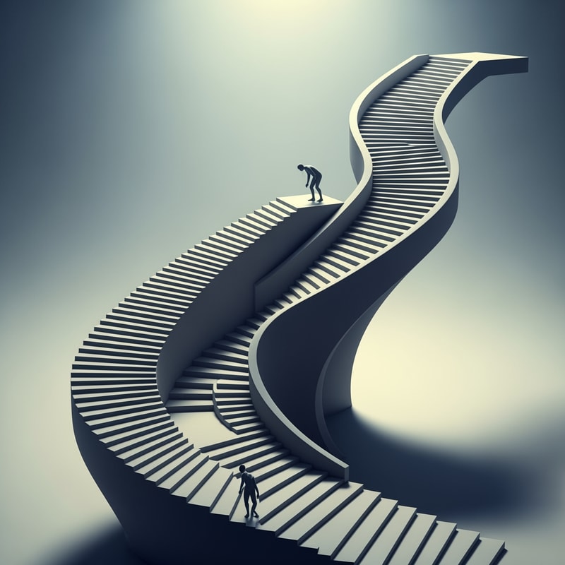 I need an illustration of stairs. Not a public space, not an urban element. Stairs as a story about the movement of the body through space, time and effort. The entrance is slow, flat, gradual acceleration, a point of fatigue, a pause and an end. The stairs themselves must show that path that is sometimes easy (normal stairs), and sometimes difficult (large stairs)