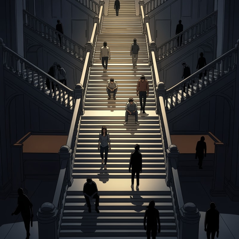 I need an illustration of stairs as a narrative. Not a public space, not an urban element, but an architectural language in itself. Stairs as a story about the movement of the body through space, time and effort. The entrance is not slow, flat, gradual acceleration, a point of fatigue, a pause and an end. Silhouettes of people. Some sit, some stand, hesitate to move. The context is unclear, abstract. The main collage is a perspective from the middle of the stairs, people unevenly distributed, light as a rhythm
