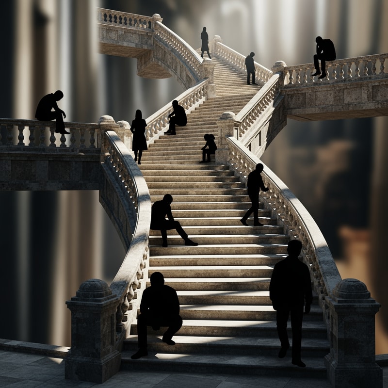 I need an illustration of stairs as a narrative. Not a public space, not an urban element, but an architectural language in itself. Stairs as a story about the movement of the body through space, time and effort. The entrance is not slow, flat, gradual acceleration, a point of fatigue, a pause and an end. Silhouettes of people. Some sit, some stand, hesitate to move. The context is unclear, abstract. The main collage is a perspective from the middle of the stairs, people unevenly distributed, light as a rhythm