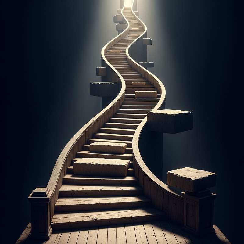 I need an illustration of stairs. Not a public space, not an urban element. Stairs as a story about the movement of the body through space, time and effort. The entrance is slow, flat, gradual acceleration, a point of fatigue, a pause and an end. The stairs themselves must show that path that is sometimes easy (normal stairs), and sometimes difficult (large stairs)